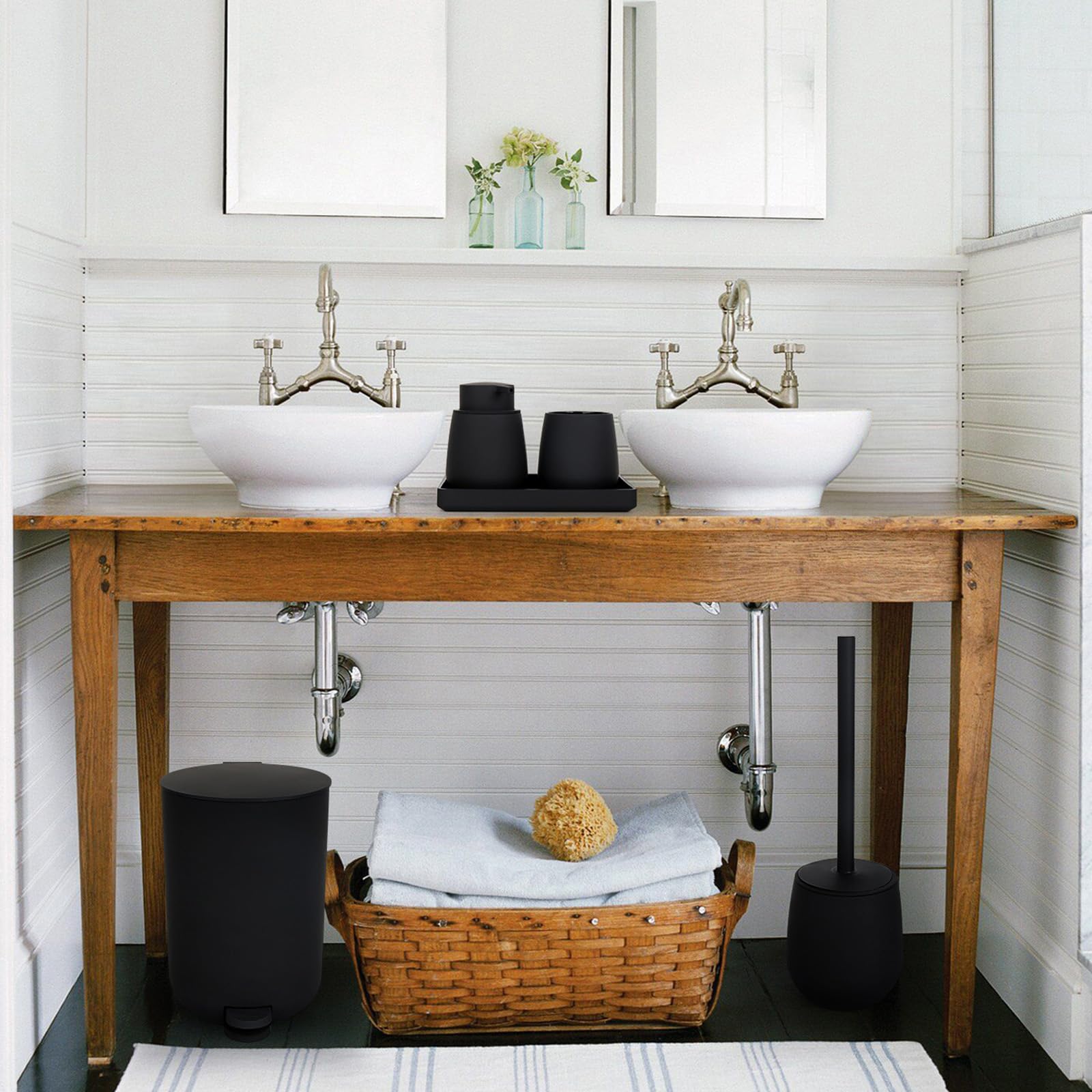 Ensemble Accessoire Salle de Bain Noir, Decoration Salle de Bain avec Distributeur Savon, Porte-Brosse à Dents, Poubelle, Brosse WC et Support, Plateau (Noir)