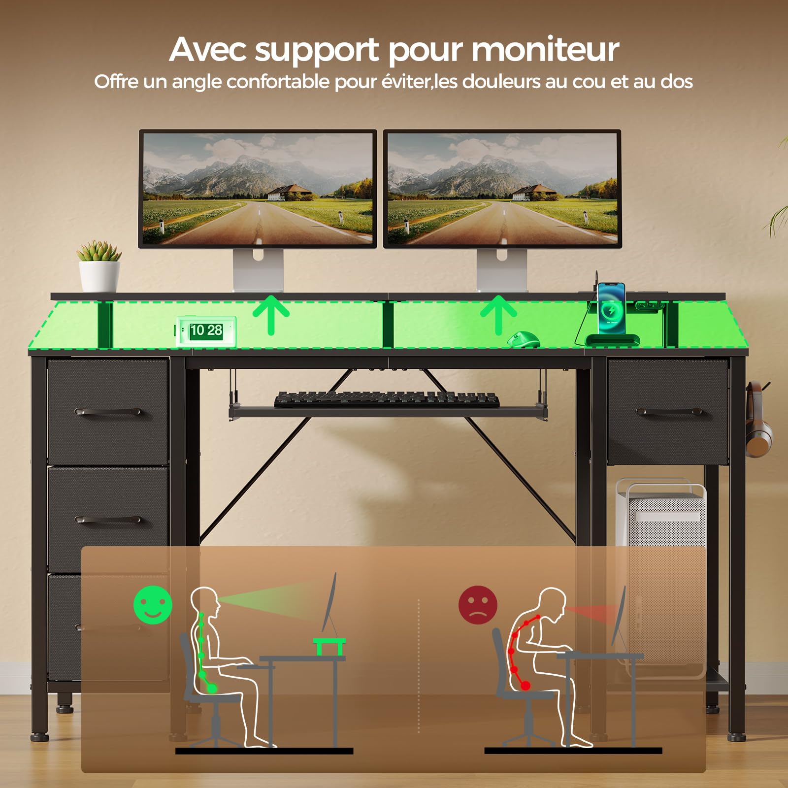 Rolanstar Bureau avec Tiroirs, Bureau Gamer 120 x 47 cm avec Prise Intégrée, LED et Support Écran, Bureau d'Ordinateur avec Plateau Clavier- pour Jeu Travail Étude, Noir