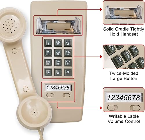 Miniatura 2 de OGQ Teléfono de pared retro para teléfono fijo vintage de pared con timbre mecánico antiguo montado en la pared con cable con control de volumen
