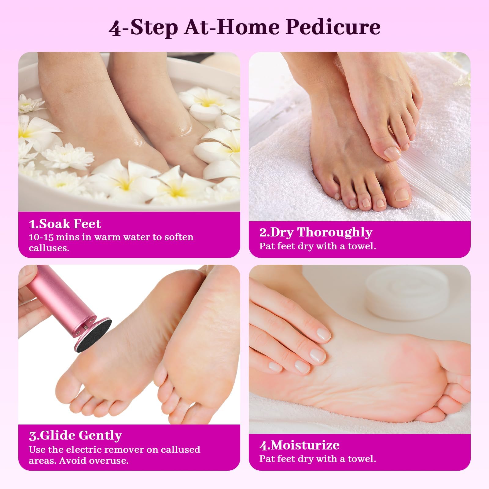 Ponceuse Pieds Electrique – Râpe Électrique Pieds sans Pile avec Vitesse Réglable, 60 Disques Abrasifs & Brosse – Pour Callosités, Talons Secs et Peau Morte (Rose pâle)