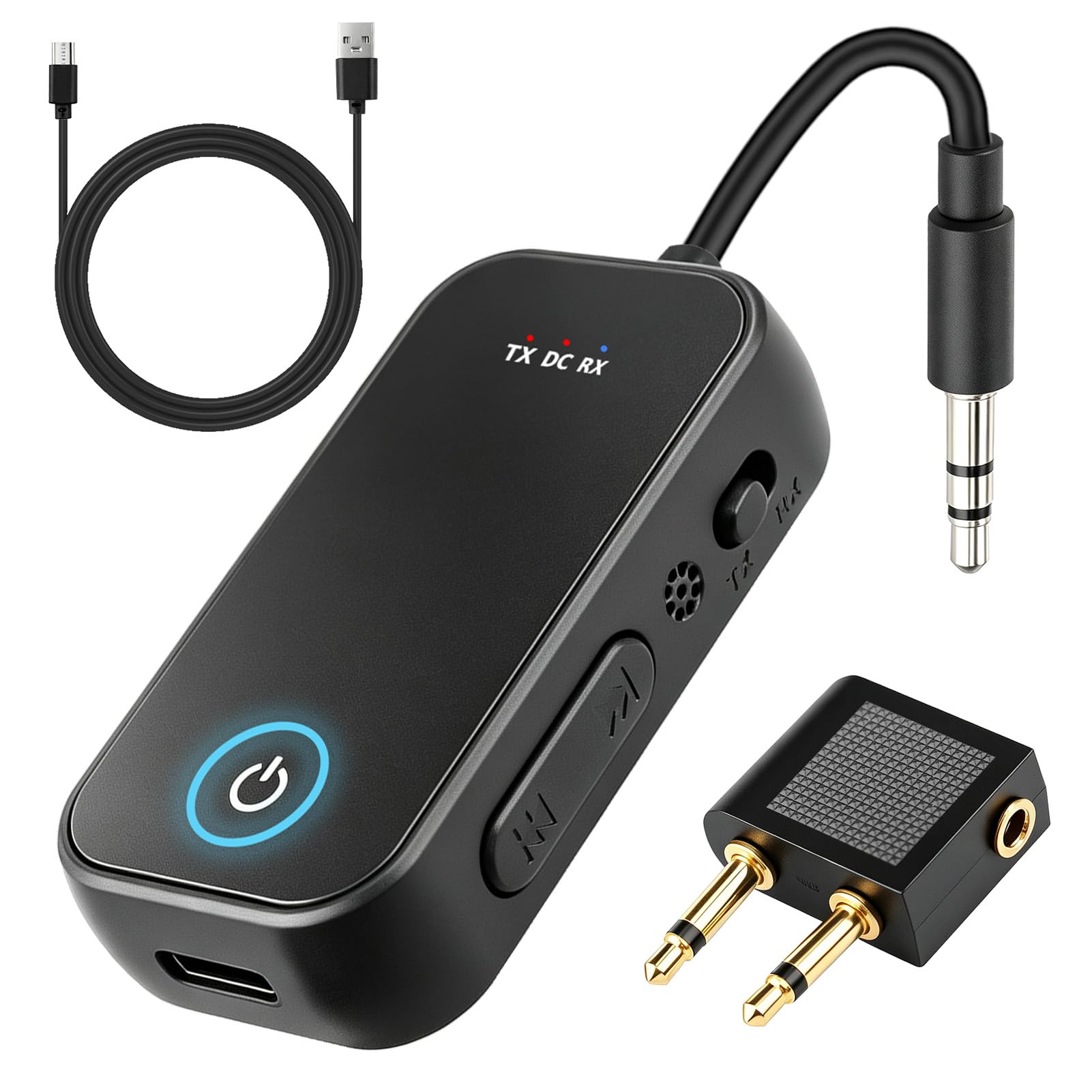 Transmisor Receptor Bluetooth 5.4 Adaptador 2 en 1 Jack 3.5mm para Avión | Emisor Receptor Audio con Cable USB-C y Adaptador Audio Doble Clavija para Avión Coche TV Altavoces Auriculares y Viaje