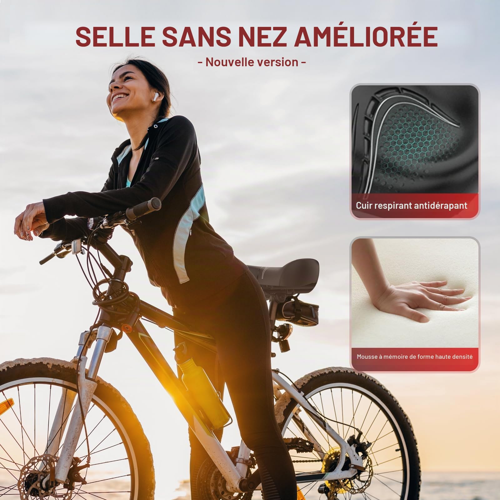 BLUEWIND Noseless Selle de vélo surdimensionnée avec dossier large pour vélo électrique, s'adapte à la plupart des vélos d'appartement ou de route stationnaires pour homme et femme (noir)