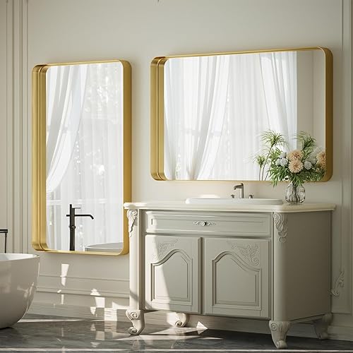 Vista 120 de Espejo de baño dorado de 30 x 22 pulgadas para pared, marco de aleación de aluminio, espejo rectangular montado en la pared para decoración