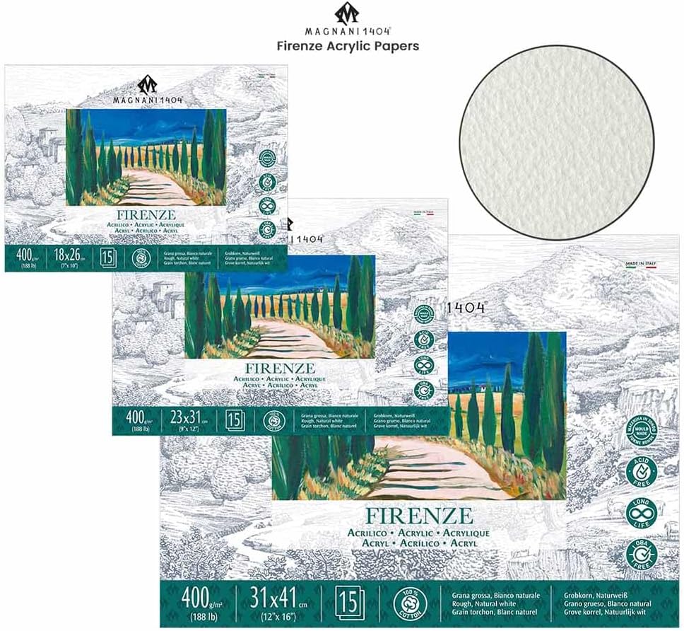 Magnani 1404 Firenze 100% Cotton Acrylic Paint Paper Pad, 7x10 188 lb. 15 Heavyweight Sheets, Rough Texture, Vegan Sizing, Natural White Acrylic Paper Pad for Acrylic, Gouache, Ink & Watercolor