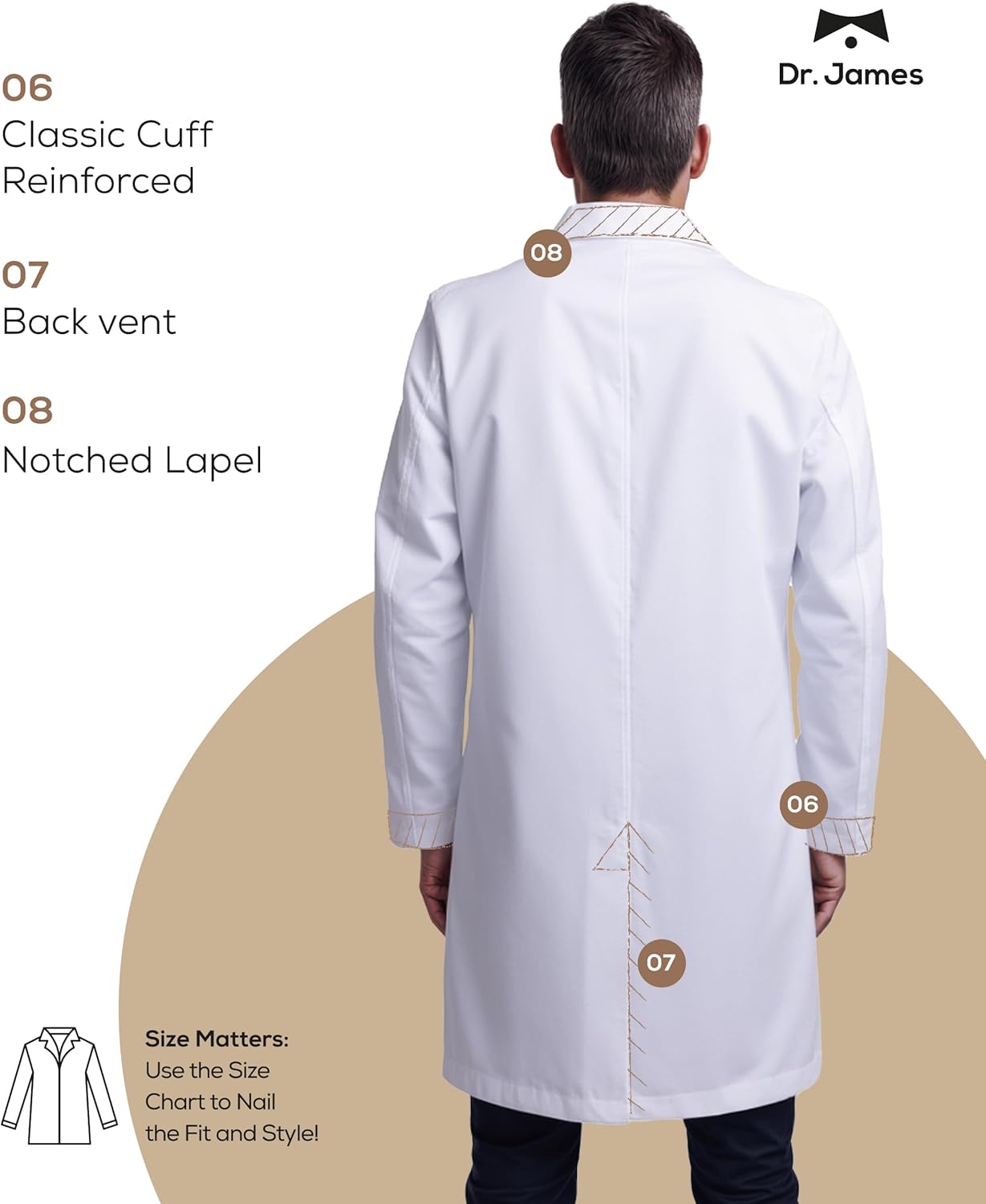 Dr. James Premium Unisex Lab Coat, Multiple Pockets, Tailored Fit, Button Closing, 39" Length - Image 3