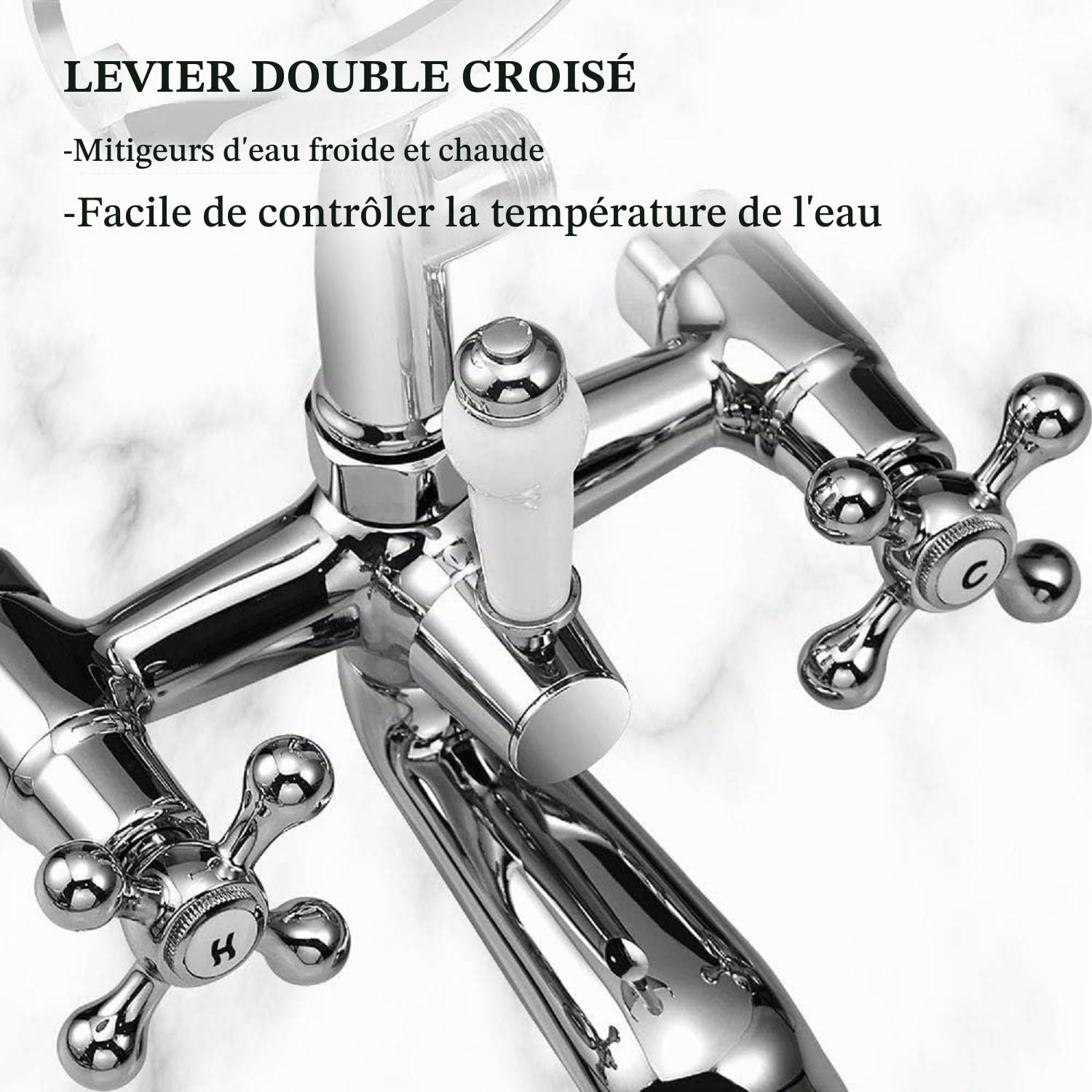 Wasserrhythm Robinet mitigeur de baignoire avec fixation de douche victorien traditionnel téléphone salle de bain robinet de remplissage de baignoire pont monté en croix double poignée douche à