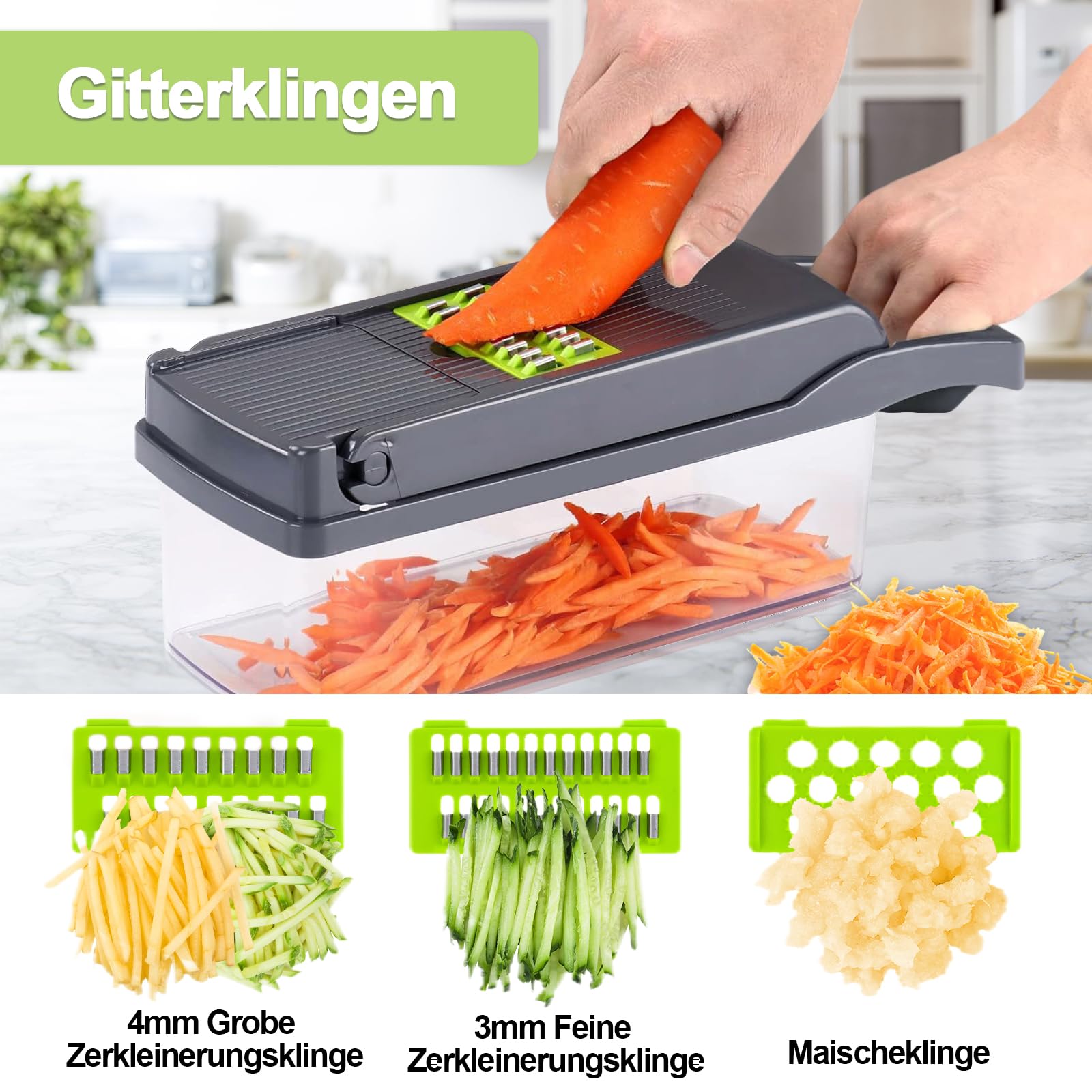 Manueller Gemüseschneider, 15-in-1 Mit 7 Klingen – Für Karotten, Gurken, Zwiebeln Uvm., Inkl. Aufbewahrungsbox
