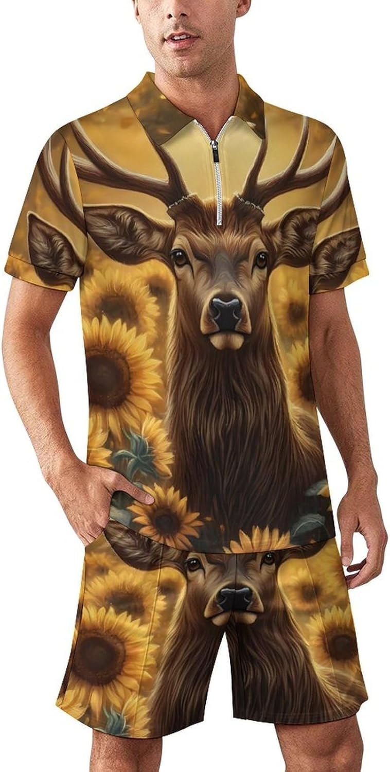 Deer Sunflower Mens Polo Shirts Track Suits 2 Piece Short Sleeve Sweatsuit 1/4 Zip Golf Loungewear for Sports