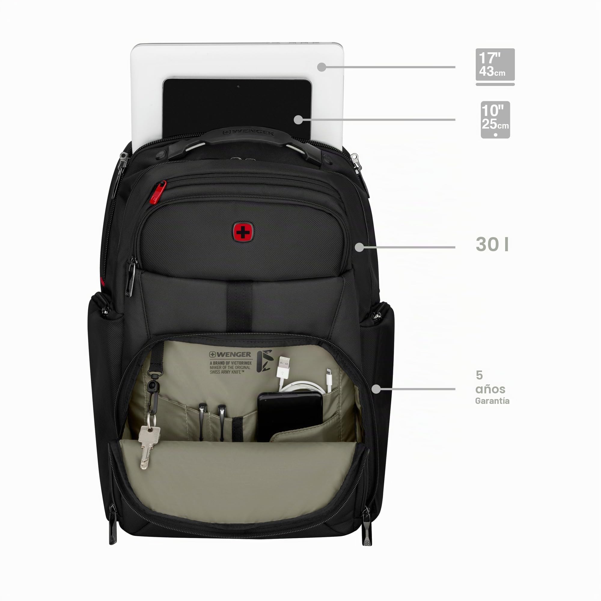 WENGER Meteor Mochila para portátil con compartimento para tableta, notebook de hasta 17", 30 l, mujer/hombre, negocios, universidad, escuela viajes, negro, 653188