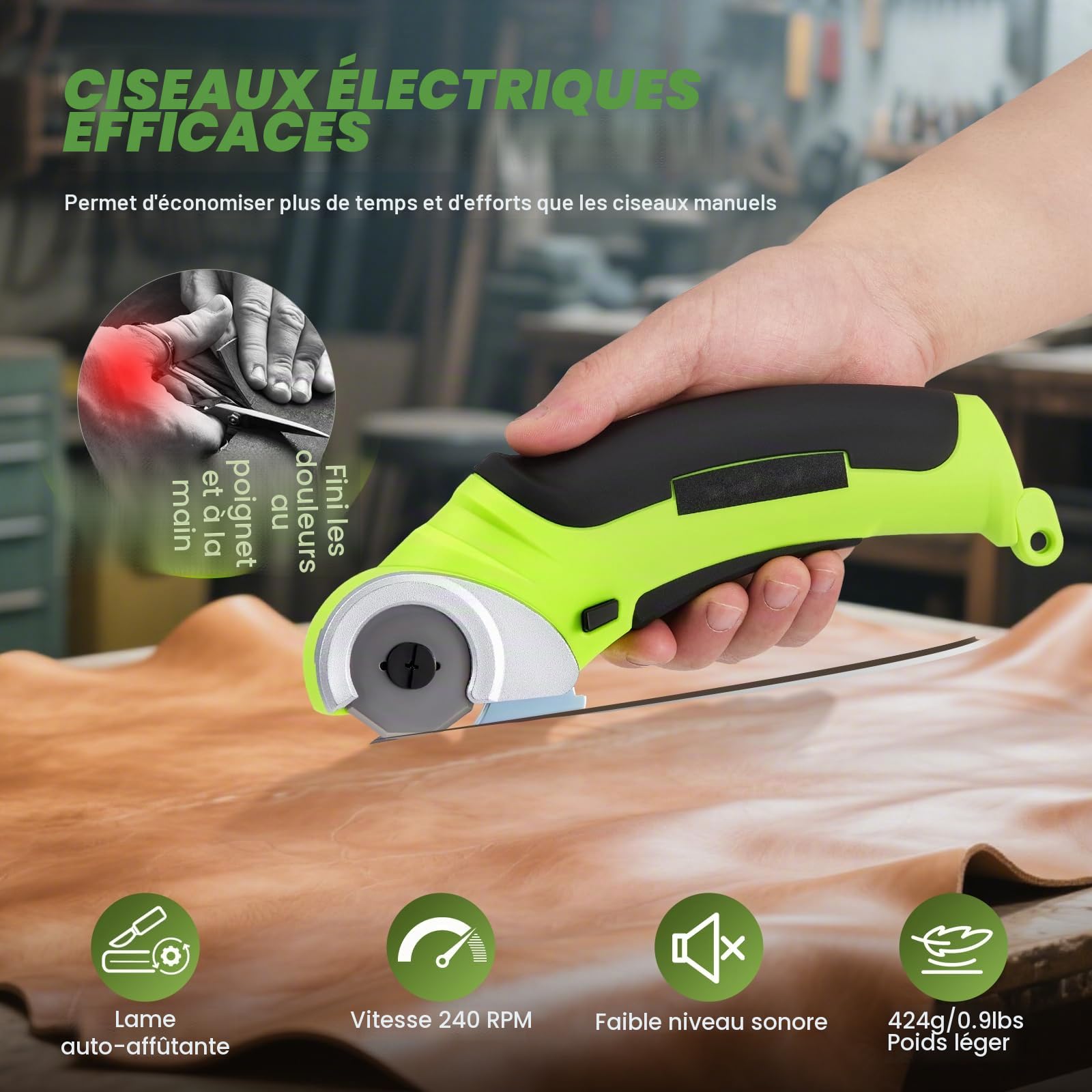 Ciseaux électriques sans fil 4,2 V Mini coupe-tapis et carton avec lame de rechange/chargeur, cutter rotatif pour emballage en carton, cuir et plastique (vert)