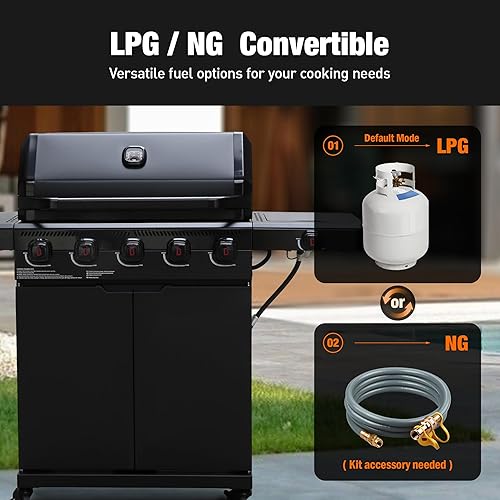 Miniatura 6 de Brand-Man PRO - Parrilla de gas propano de 5 quemadores, zona de sellado de 14000 BTU con malla infrarroja, rejillas y plancha de hierro fundido