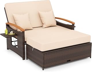GIANTEX Lounge Möbel Outdoor, Gartensofa mit Liegefunktion, Balkonmöbel Kleiner Balkon, Outdoor Sofa, Rattan Lounge Sofa, Gartenlounge mit Stauraum, Garten Doppelliege 2 Personen, Rattan Daybed Garten