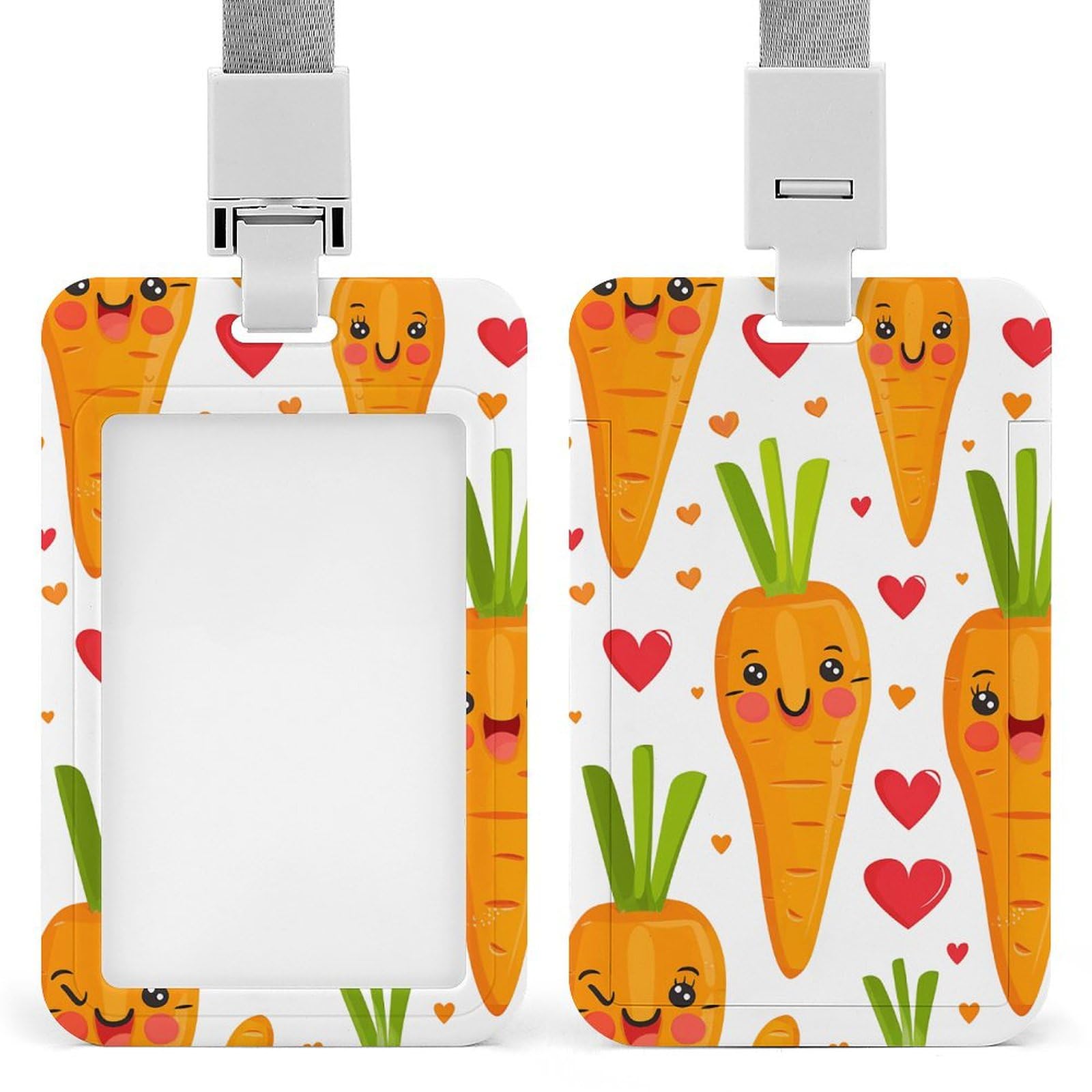 ID Card Holders for Lanyard,Carrot in Cartoon Style Printed Badge Holder with Clear Window,Plastic Vertical Bus Pass Holders for Work Teacher Nurse Employees Proximity Key Cards Women Men