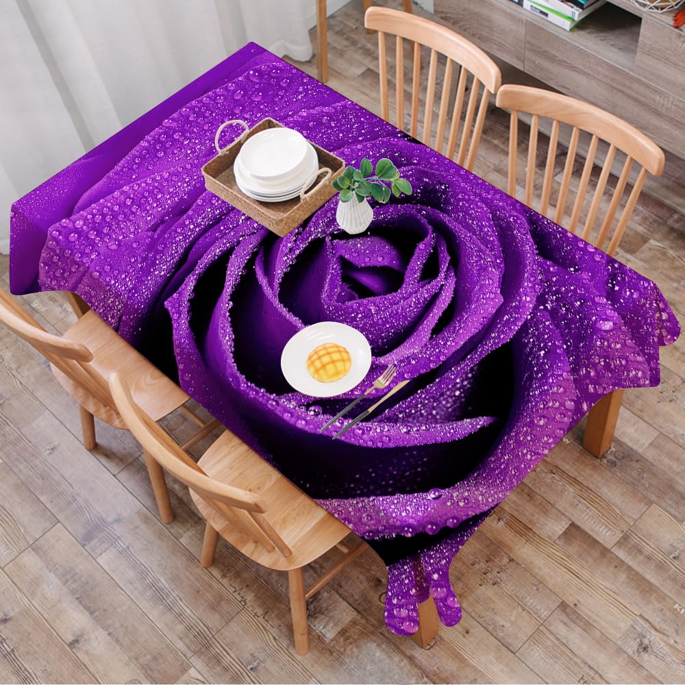 Dalexhm Beautiful Purple Rose Detail Whit Water Drop - A7 Table Cloth Wipe Clean Rectangular, Wipeable Tablecloths,Dining Table Cover For Kitchen Outdoor Garden Table,Beautiful Purple Rose Detail Whit Water Drops,54X72 In