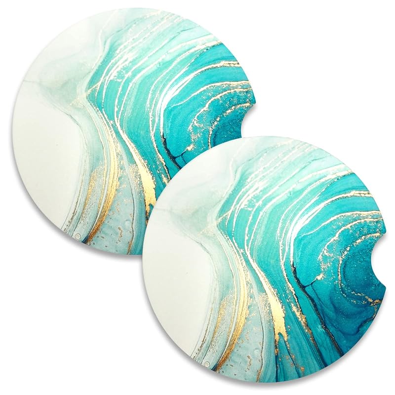Porta-Copos para Carro em Cerâmica com Base de Cortiça, Mármore Dourado e Azul-Petróleo Nipichsha, Kit com 2 peças