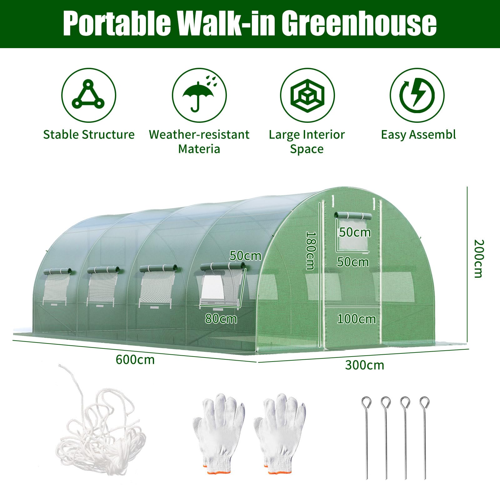 HOMASIS Invernadero, invernadero con ventanas y puerta enrollable, túnel de metal y polietileno, invernadero para tomates, casa de cultivo, para jardín, verde (verde, 6 x 3 x 2 m)