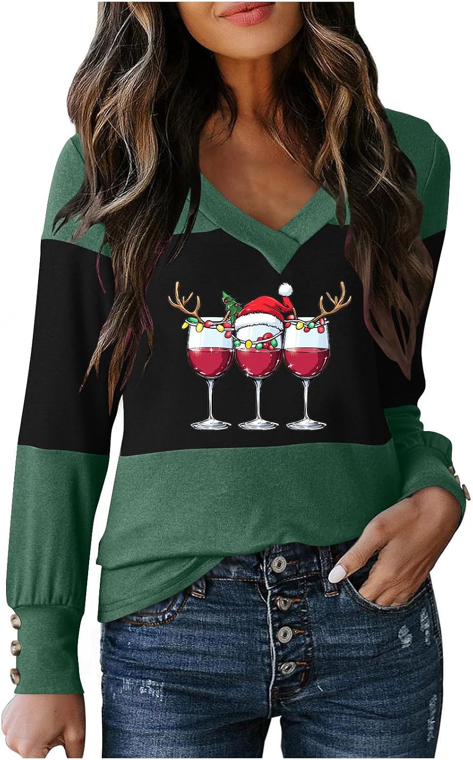 Women Christmas Shirts V Neck Long Sleeve Holiday Tops Red Wine Glass Graphic Xmas Outfits Color Block T-Shirt