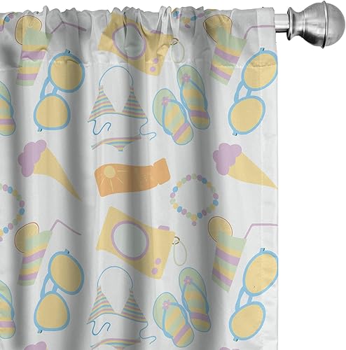 Miniatura 27 de Lunarable Cortinas de ventana mostaza, líneas curvas simétricas, rayas onduladas, damasco, diseño hippie retro, pastel, decoración ligera, juego de