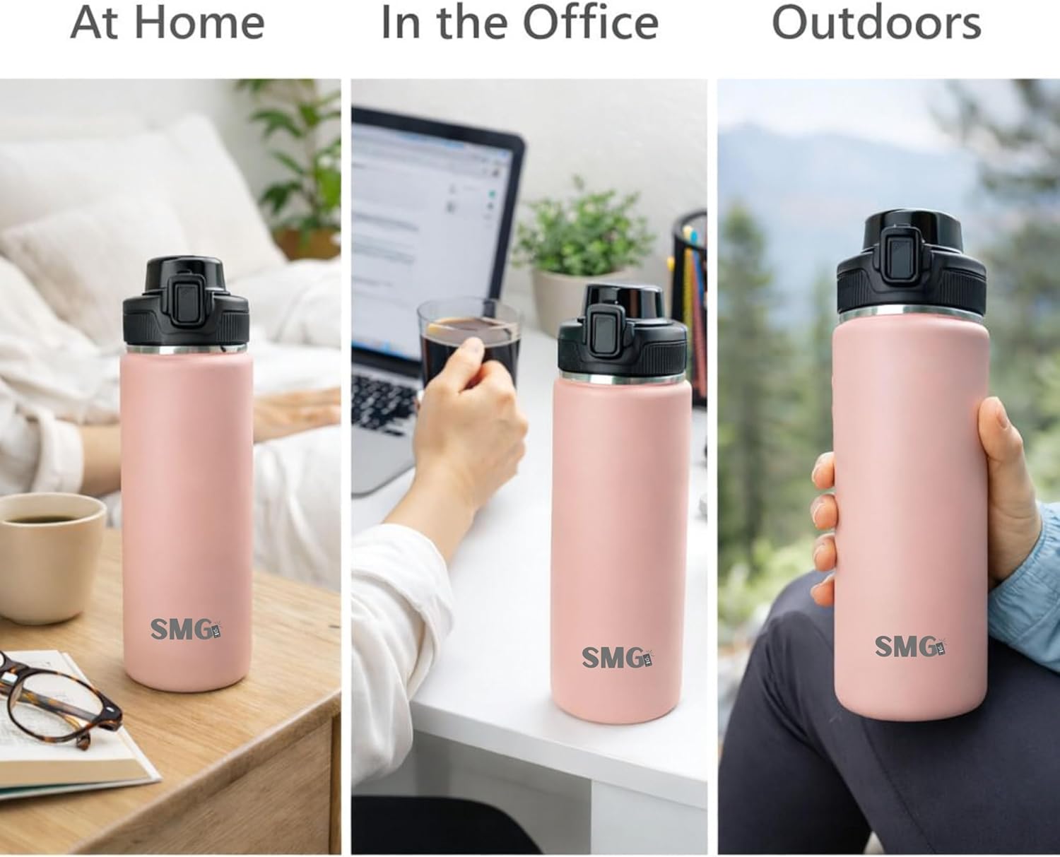 SMG 24oz Insulated Water Bottle with Tea Infuser, 316 Stainless Steel (SUS316), Leakproof Push-Button Lid, Double Wall Vacuum, Keeps Cold 24H & Hot 12H, Rose Tan