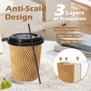 Lamosi 50 Pack 8 oz Coffee Cups with Lids, Disposable Paper Cups | Insulated Corrugated Ripple Wall Hot Cups with Lids and Straw for Hot Drink, Office, Coffee Bars, To-Go Use(Champagne)