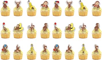 24PCS Curious Monkey Cupcake Toppers, Cartoon Party Decorations, Theme Celebrations Party Supplies for George Lovers 12 Designs, 2 Each