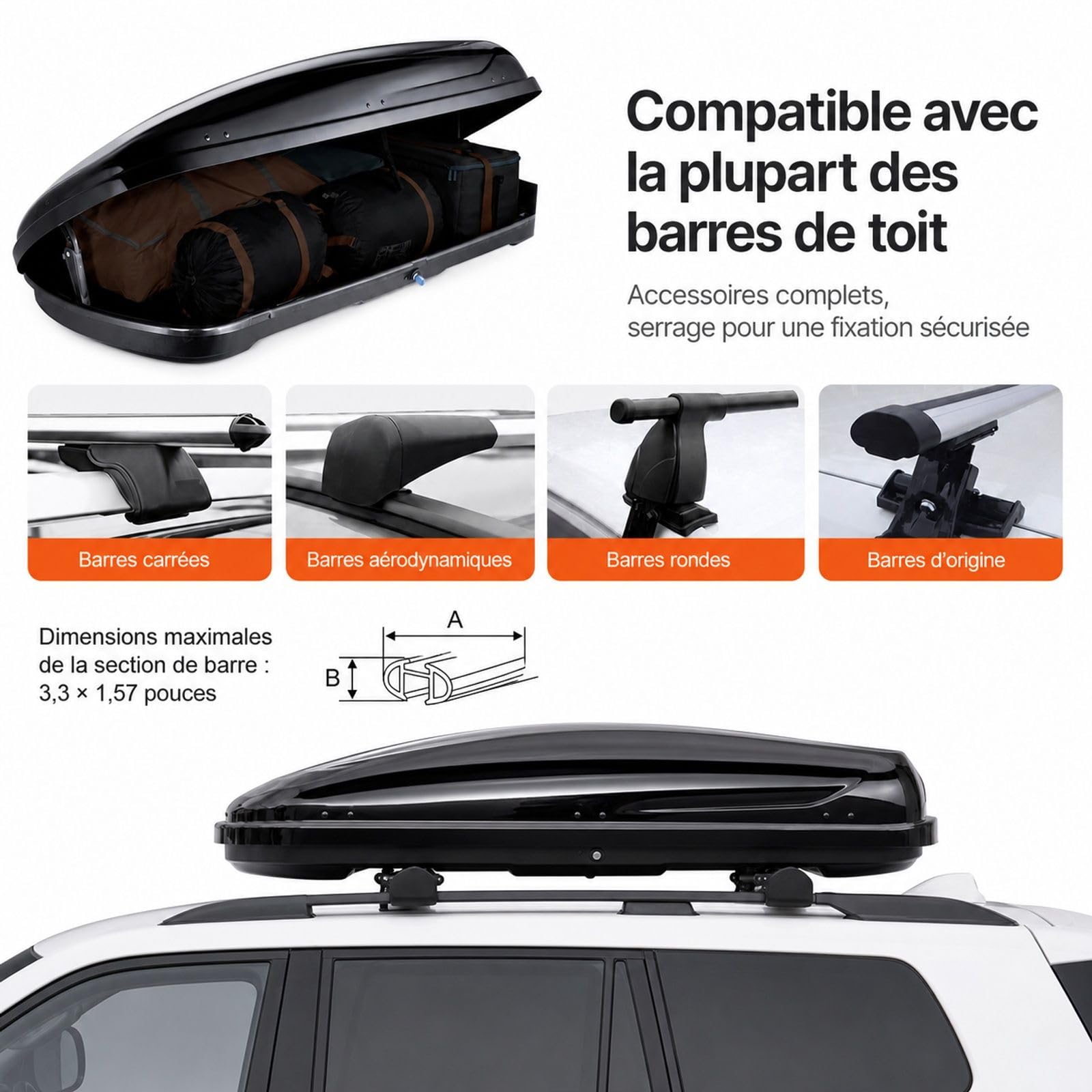 Coffre de Toit 370 L en ABS pour SUV et Voitures, Porte-Bagages de Toit Rigide pour Voyages et Rangement extérieur