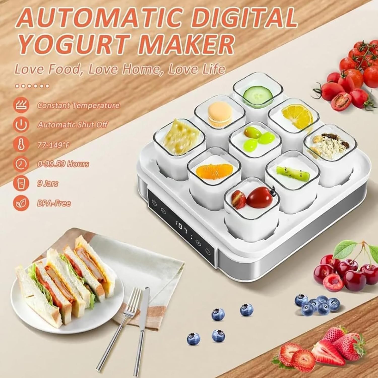 Genérico Yogurtera Digital Automática con Pantalla LCD y Frascos de Vidrio Reutilizables, Control de Temperatura Constante y Ajuste de Tiempo para Yogur Orgánico y Queso