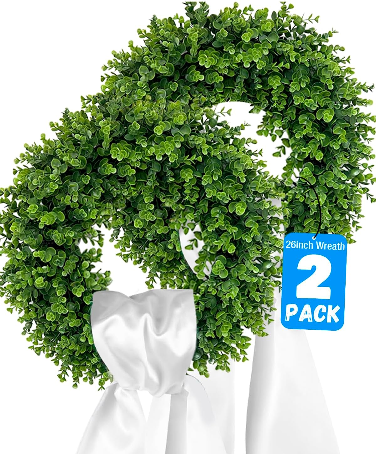 2 Pack 26" Boxwood Wreath for Front Door, Artificial Greenery Spring Summer Wreath with Sash for All Seasons – Farmhouse Wedding St. Patrick’s Day Indoor & Outdoor Decor