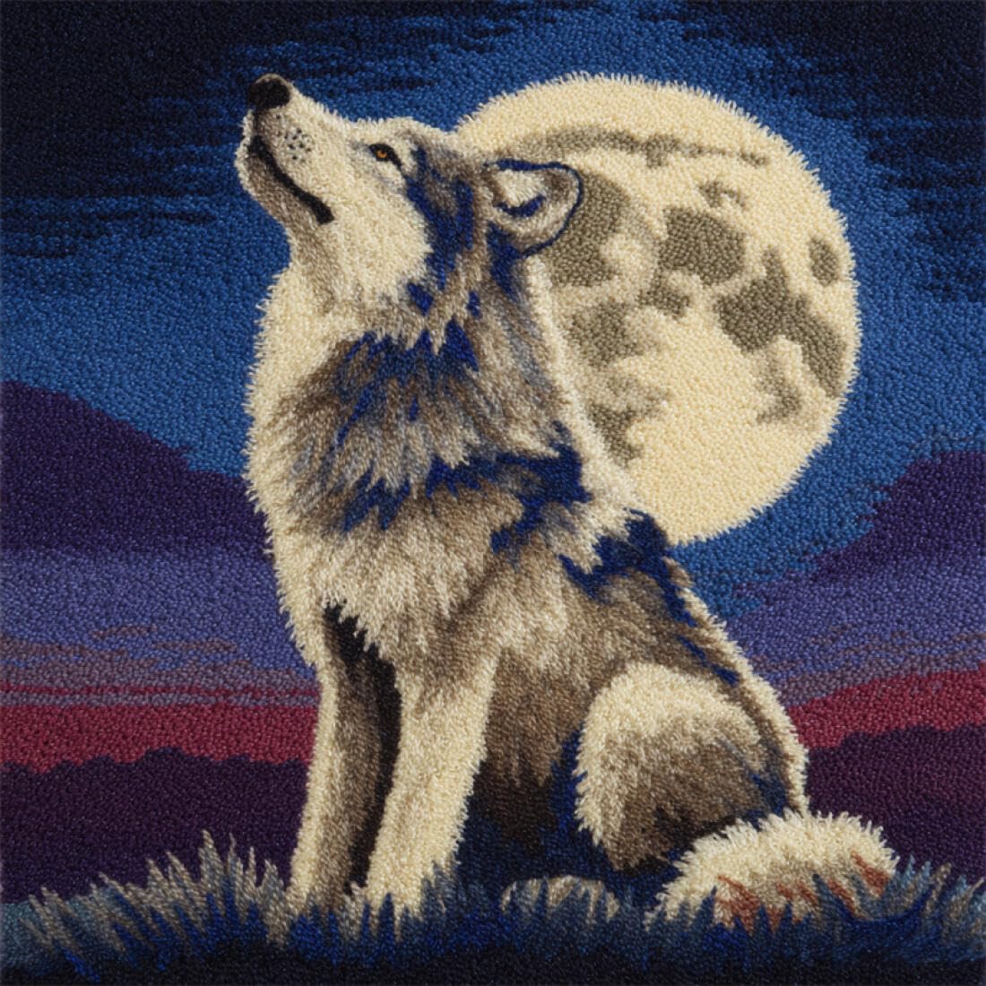 Animal Latch Hook Cushion Craft Kits Wolves and The Moon DIY Latch Hook Kits Pattern Printed Throw Pillow Case Cushion Cover for Adults and Beginners 17x17In