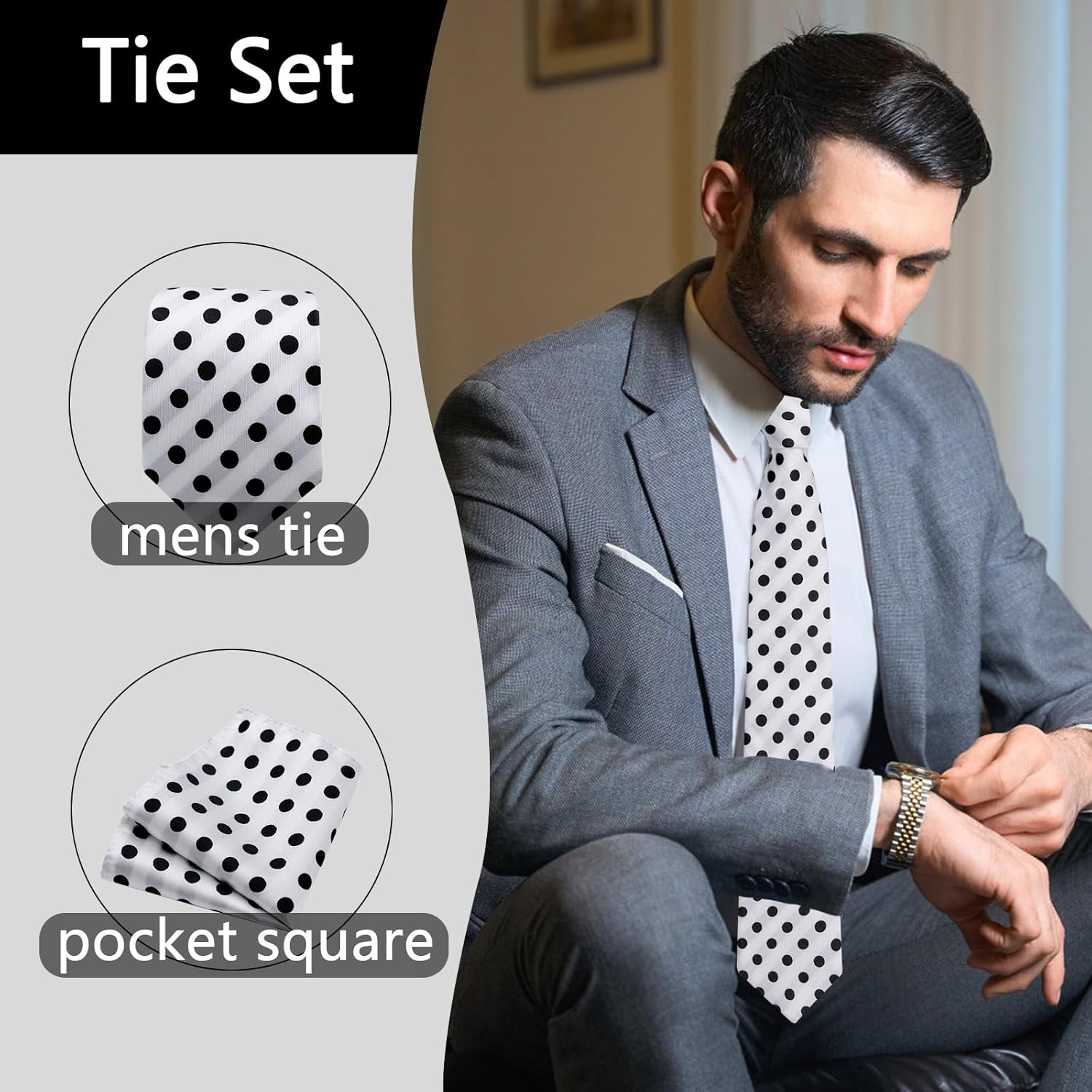 Mens Tie Polka Dot Ties for Men, Silk Mens Ties and Pocket Square Set Formal Neckties Wedding Business - Image 4