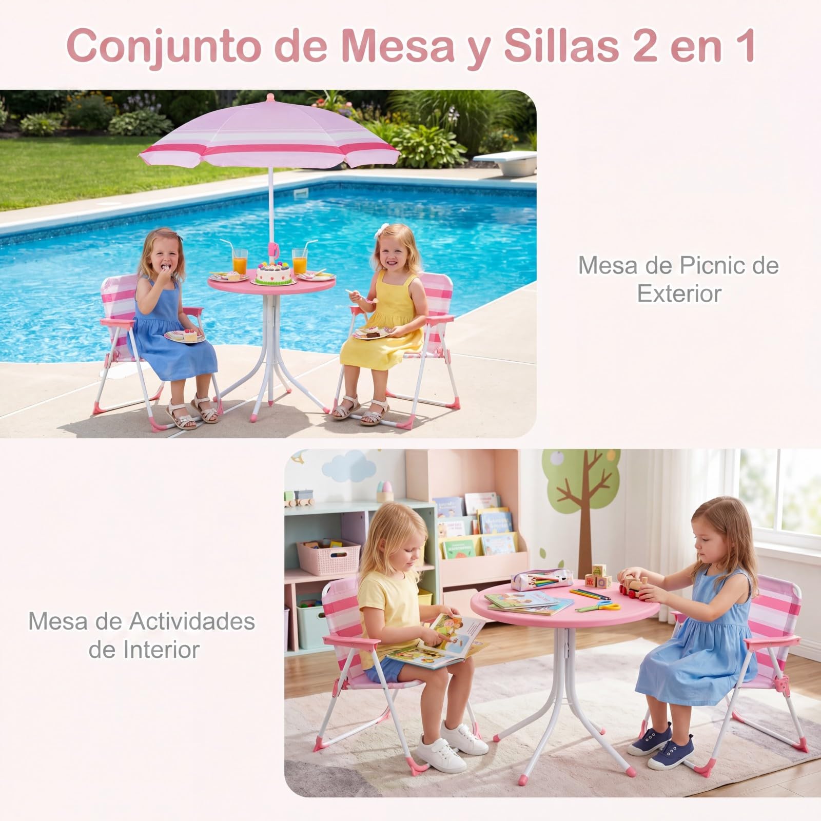 COSTWAY Set de Mesa Picnic Infantil de 4 Piezas, Mesa Infantil de Exterior con 2 Sillas Plegables y Sombrilla de Altura Ajustable, Mesita Redonda y Sillones para Niños 3-6 Años (Rosa)