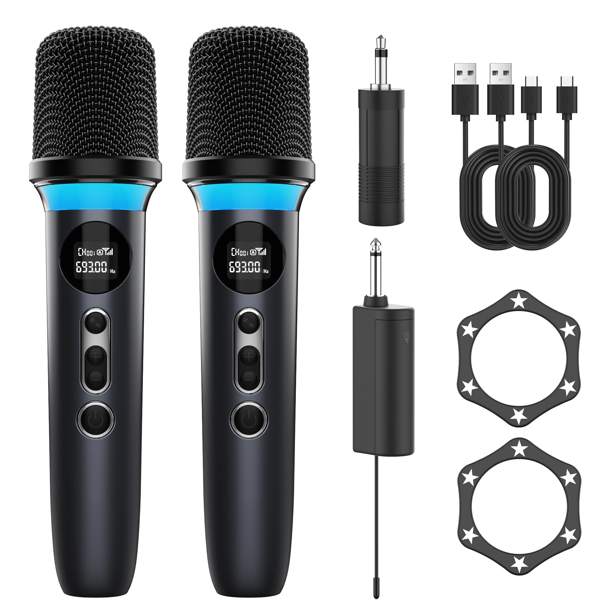 Microphone sans fil, système à double microphone avec fonction de, mise en sourdine par simple pression, éclairage RVB dynamique. 40h d'autonomie, portée de 200FT. pour les DJ, les mariages le chant .