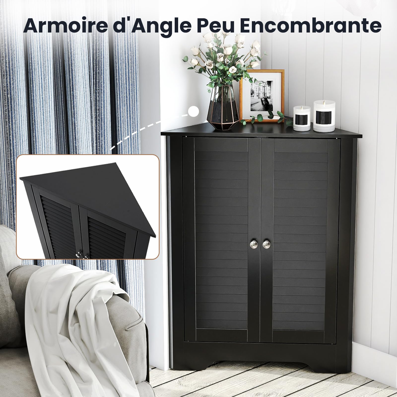 COSTWAY Meuble d'angle, avec 2 Portes et Étagère Réglable, Meuble de Rangement Autoportant pour Salle de Bain, Entrée, Salon, Chambre (Noir)