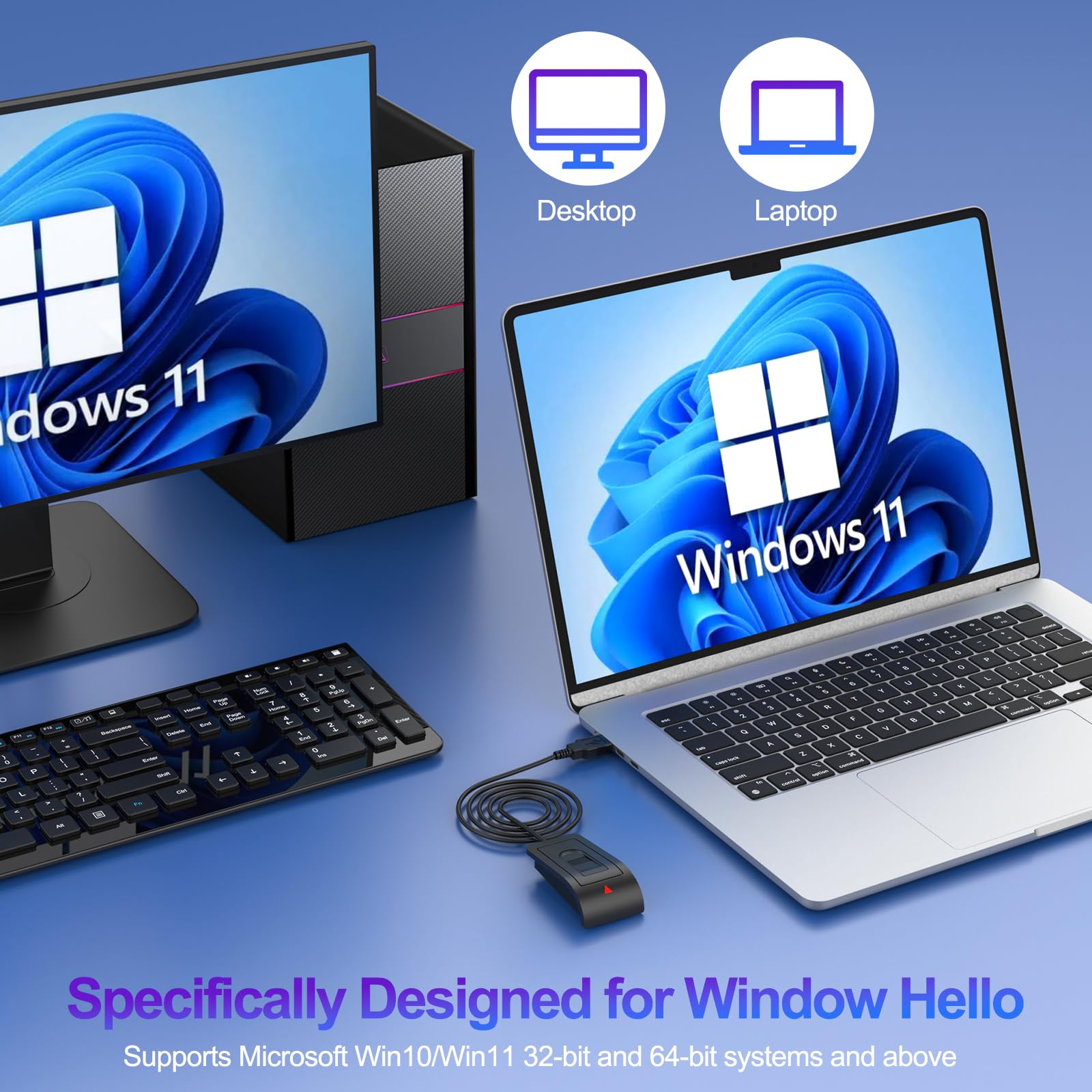 Lecteur d'empreintes digitales USB-A pour Windows 10/11,360 Degrés Tactile Lecteur Empreinte Digitale avec câble d'extension (1,5 m) sans Mot de Passe et chiffrement des fichiers,Plug&Play