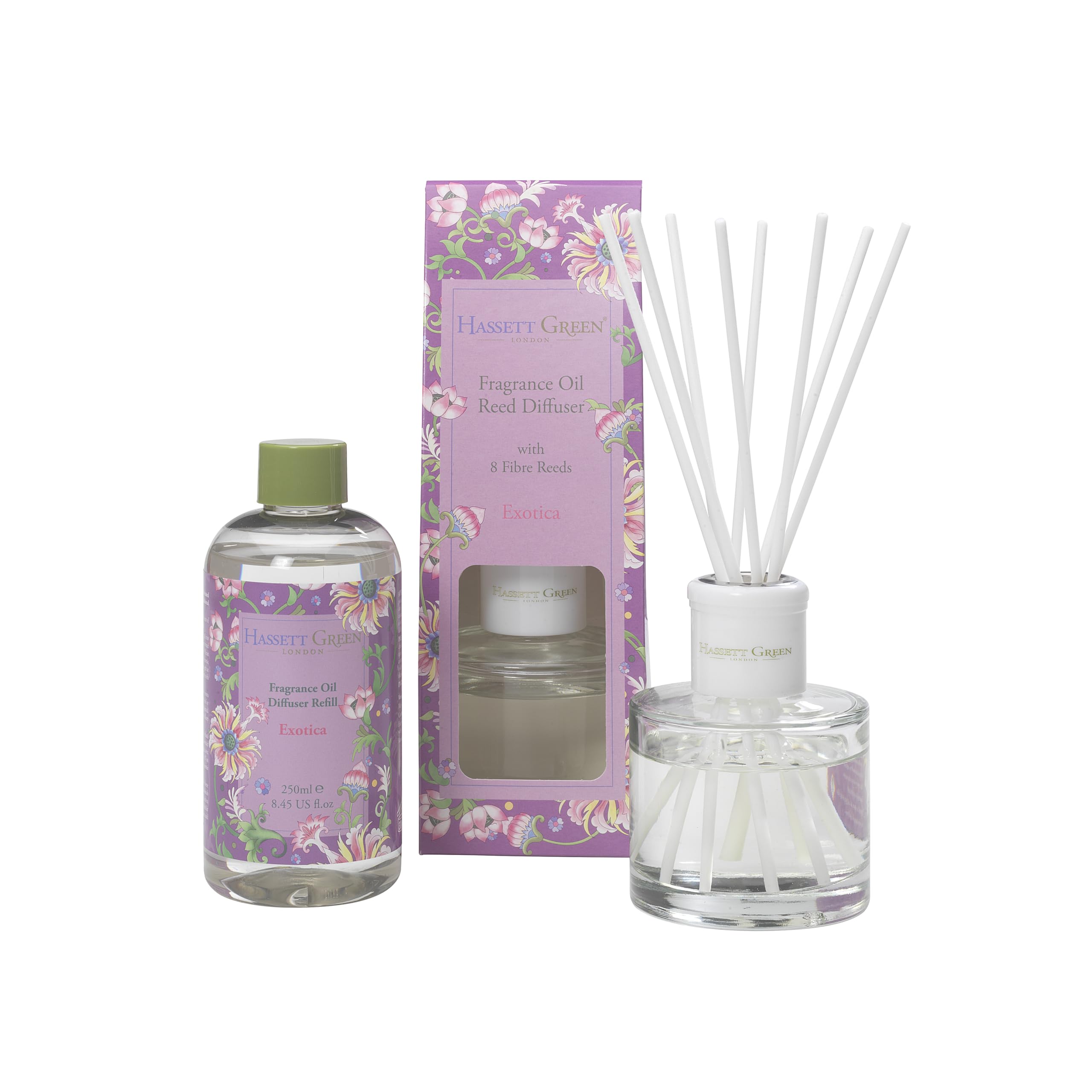 Hassett Green London Purple - Exotica Pear & Melon Reed Diffuser & Refill Set - 100Ml Glass Diffuser With 8 Fibre Reed Sticks + 250Ml Fragrance Oil Refill