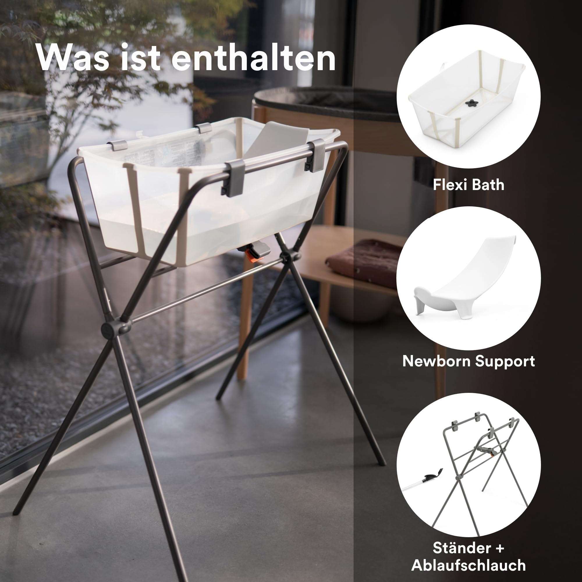 Stokke Flexi Bath (Sandy Beige) + Newborn Support + Flexi Bath Stand - Ideal für Neugeborene & Kinder bis 48 Monate - Faltbare, Robust & einfach zu verstauen
