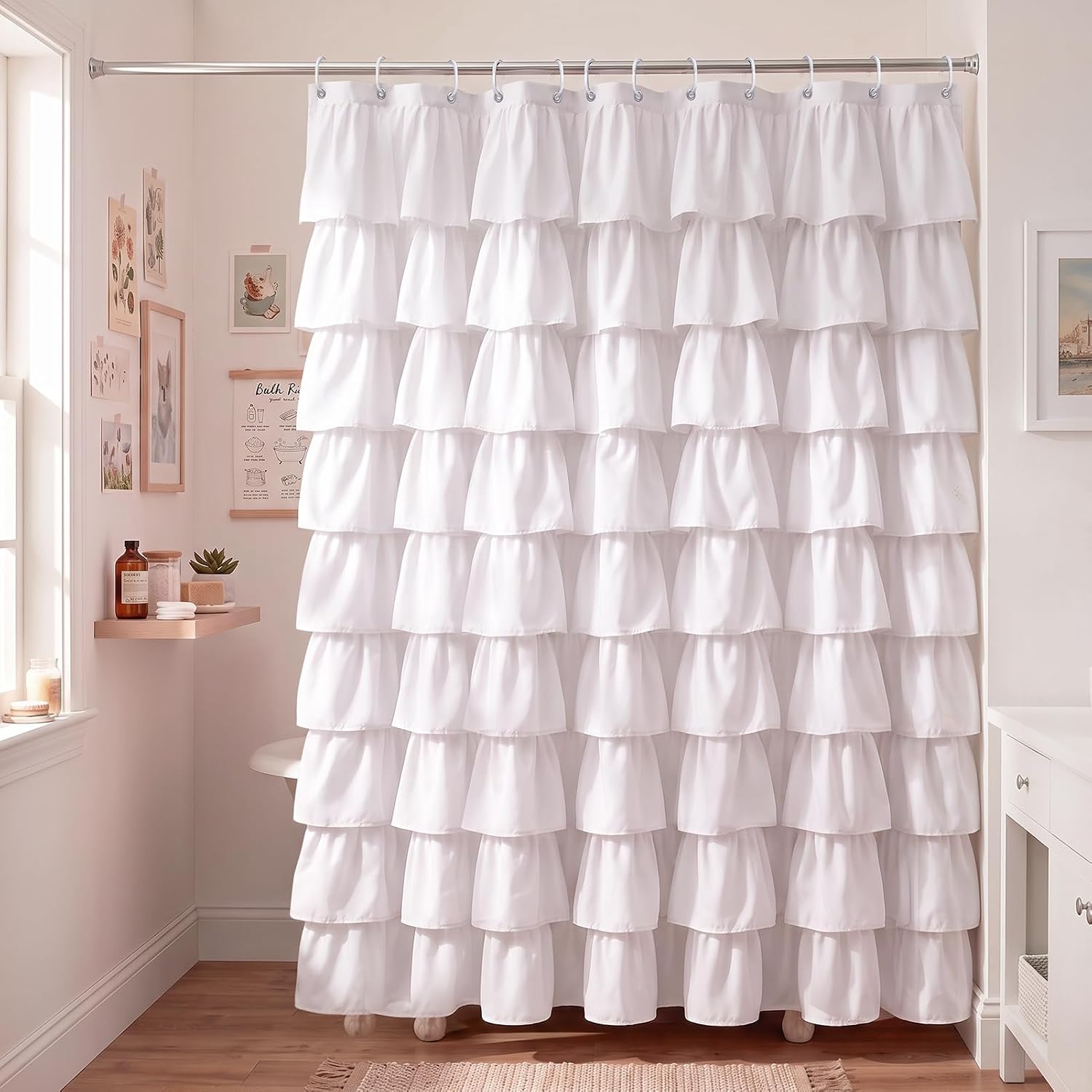 White Dorm Ruffle Shower Curtain, 71x71in | with Hooks, Double-Layer Fabric, Waterproof Polyester Lining, Machine Washable, Cute Shower Curtain, Girls Bathroom Decor
