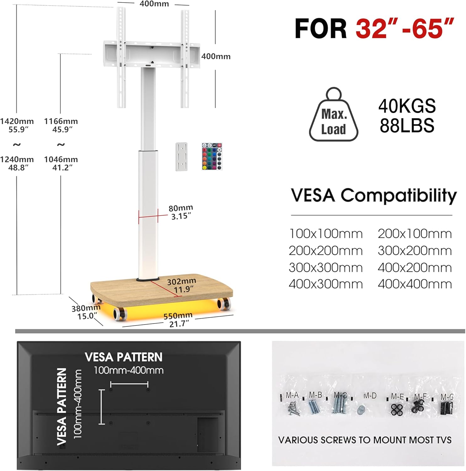 Rolling TV Stand with LED Lights for 32-65 Inch TV, 8-Height Adjustable Mobile TV Stand with 12° Tilt, Wooden Base Floor TV Mounts, Max Load 88lbs, VESA 100x100mm to 400x400mm, White