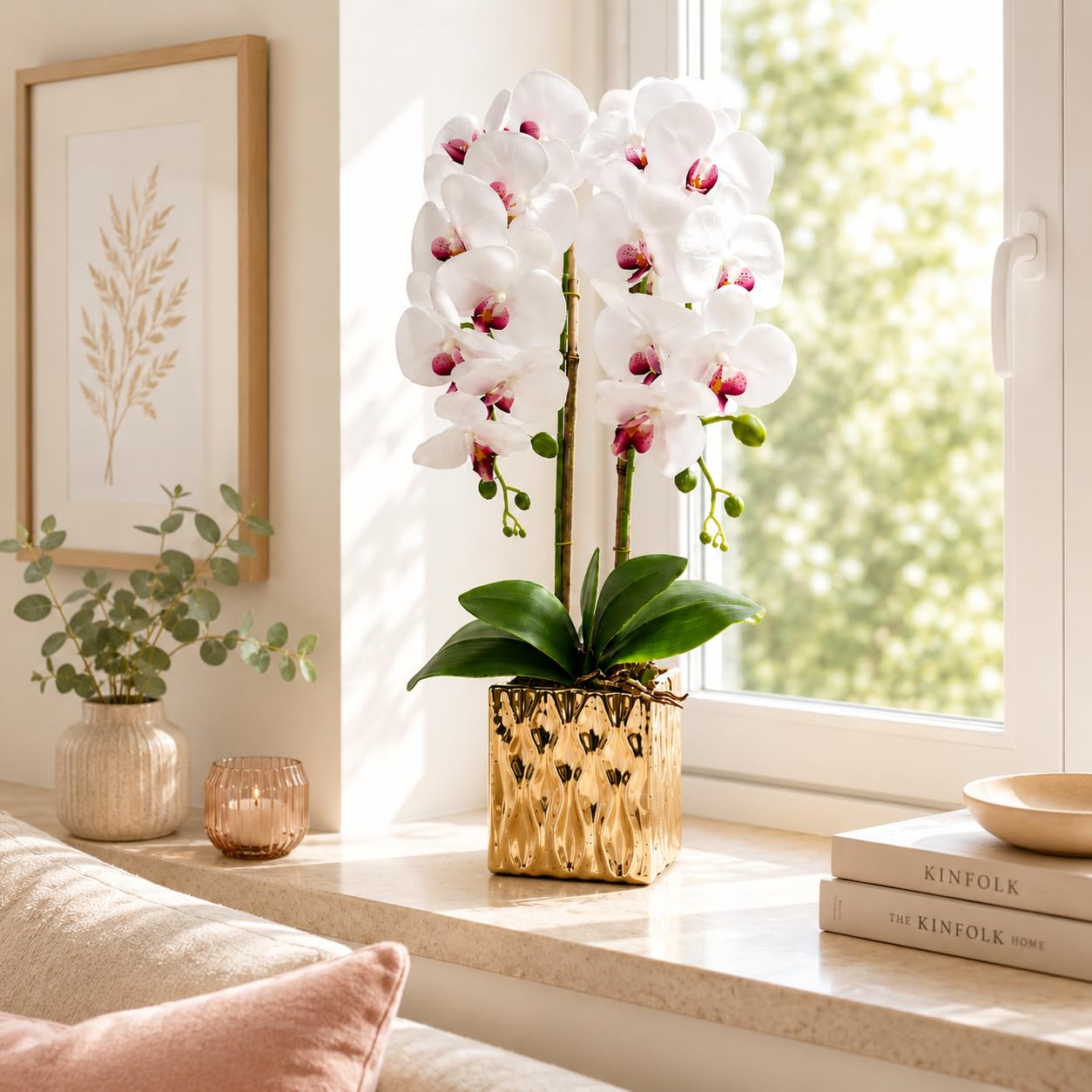 PASCH® Orchidées artificielles - Fleurs artificielles en pot - Fleurs artificielles semblables à de vraies - Orchidées artificielles en pot - Fleurs artificielles en pot (blanc/doré (65 cm)