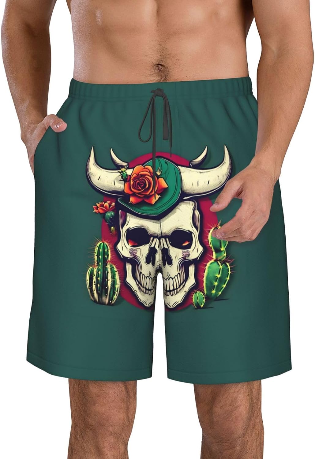 Skull of Bull and Cute Cactus Print Men's Quick-Drying Shorts Casual Beach Pants Stretch Waist Shorts and Pockets