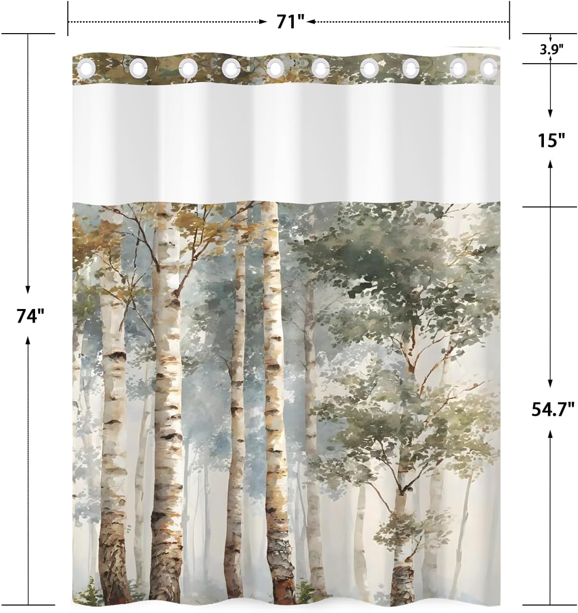 No Hook Bathroom Shower Curtain and Liner Set, Birch Tree Forest Print Double Layer Waterproof Fabric Bath Tub Curtain with Snap in Liner, See Through Top, 71 x 74 Inch