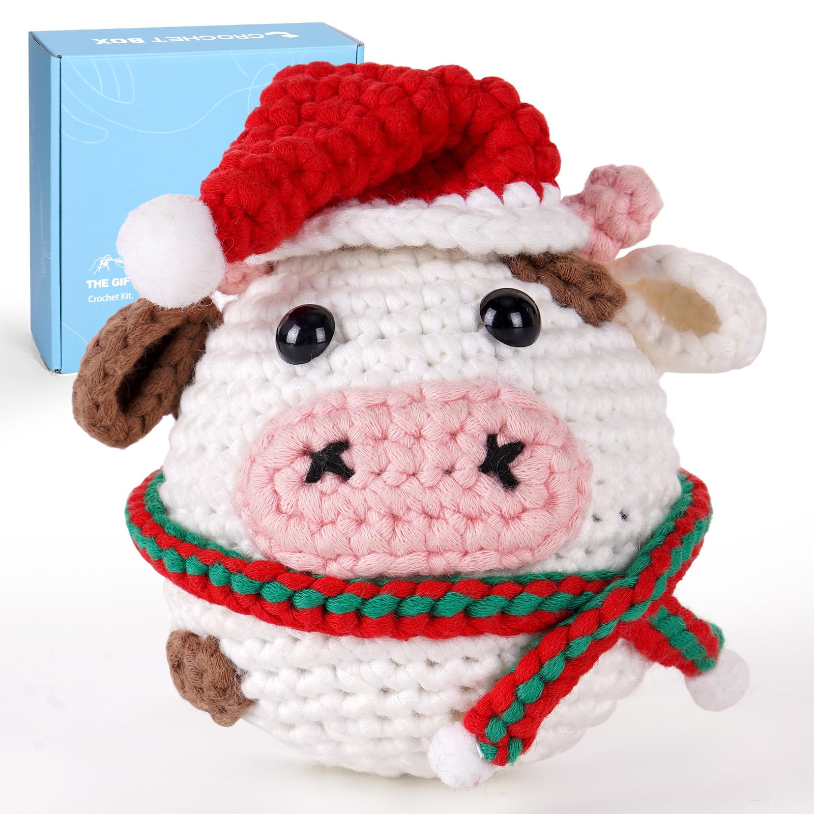 CROCHET BOX Crochet Kit for Beginners Adults - Christmas Cow Starters Crochet Kit, Beginners Crocheting Kitting for Adults Kids, Craft Gifts with Crochets Yarns, Hook, Step-by-Step Video, Instruction