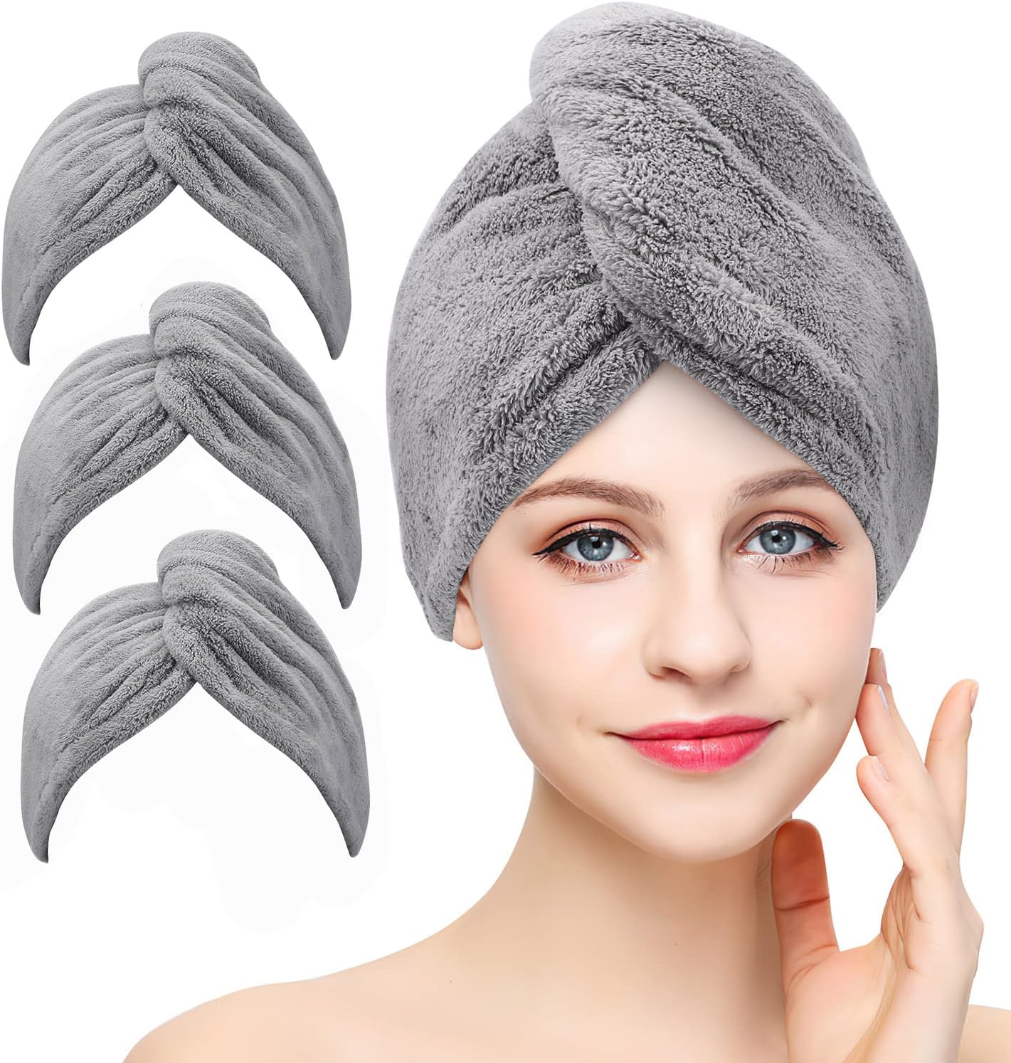 Laicky 3 Pack Microfiber Hair Drying Towel Wrap Super Absorbent Twist Turban Fast Dry Hair Caps with Buttons Bath Loop Fasten Salon Dry Hair Hat (Gray)