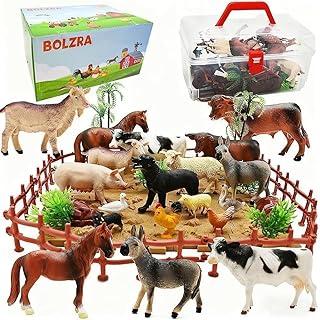 BOLZRA Farm Animal Figurines, Realistic Plastic Animals Toys with Fences Building Blocks, Farm Figures