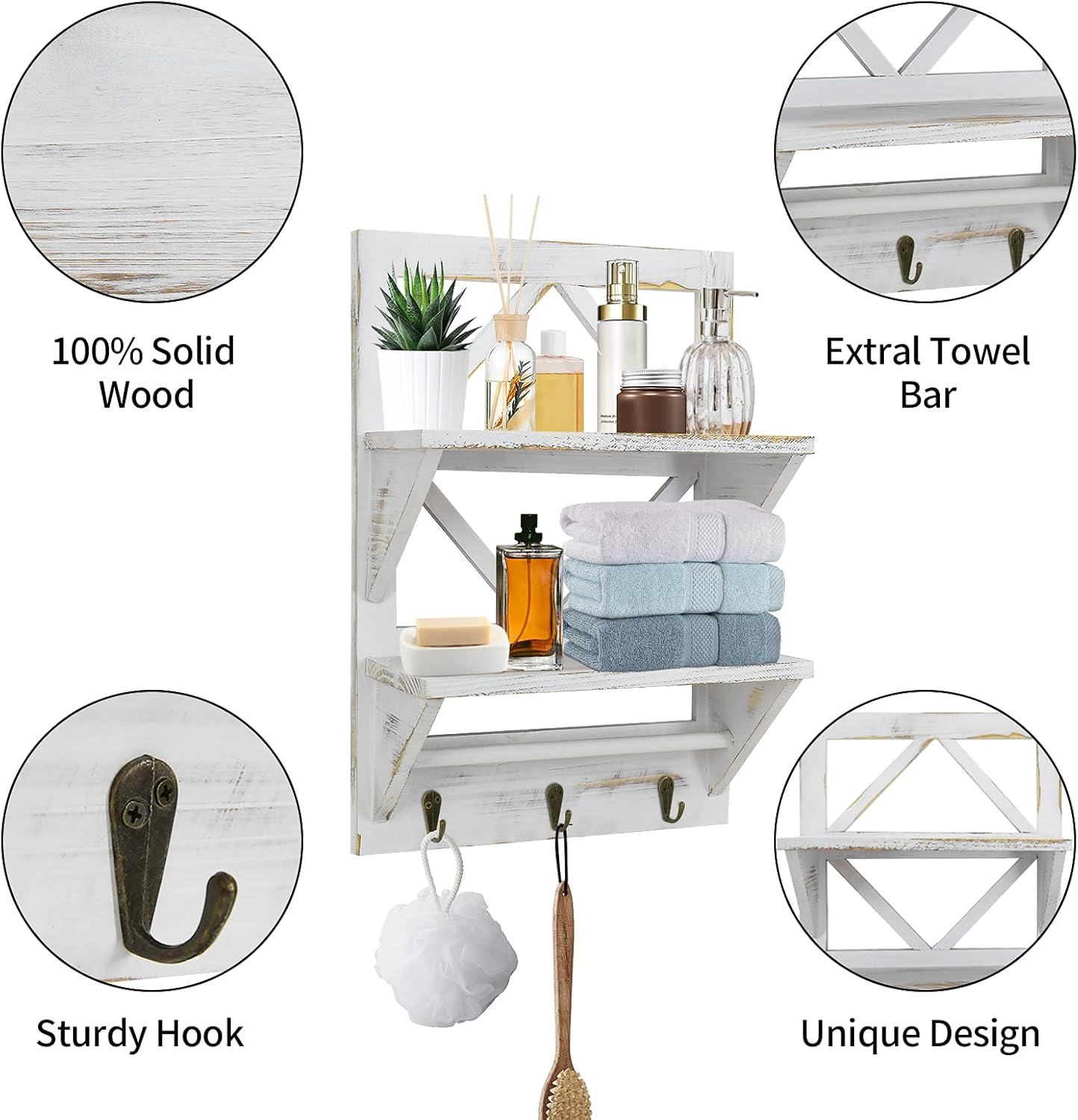 NC Bathroom Shelves Wall Mount, Bathroom Shelf Over Toilet with Towel Bar, Hanging Bathroom Shower Holder with Towel Hanger, 2 Tier Towel Storage Shelf with Hooks for Bathroom,Kitchen,Living Room : Tools & Home Improvement
