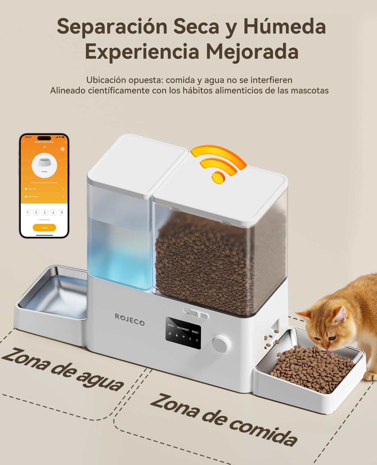 ROJECO Comedero automático para gatos y fuentes 2 en 1 – 8,5 L de capacidad total (5 L comedero + fuente de 3,5 litros), 1-36 porciones, 2 cuencos de acero inoxidable, sin BPA, para gatos y mascotas