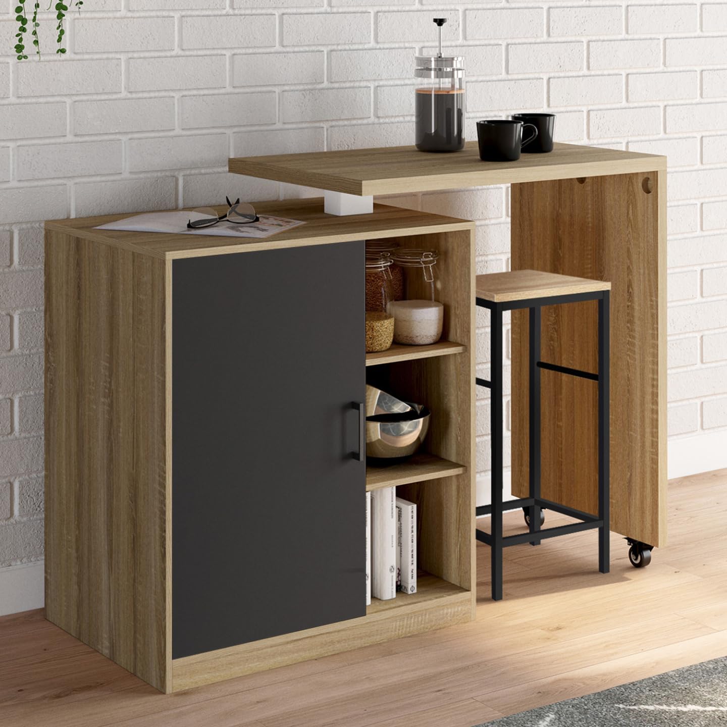 IDMarket - Ilot rotatif POLO meuble de bar pivotant 2 en 1 imitation hêtre porte noire