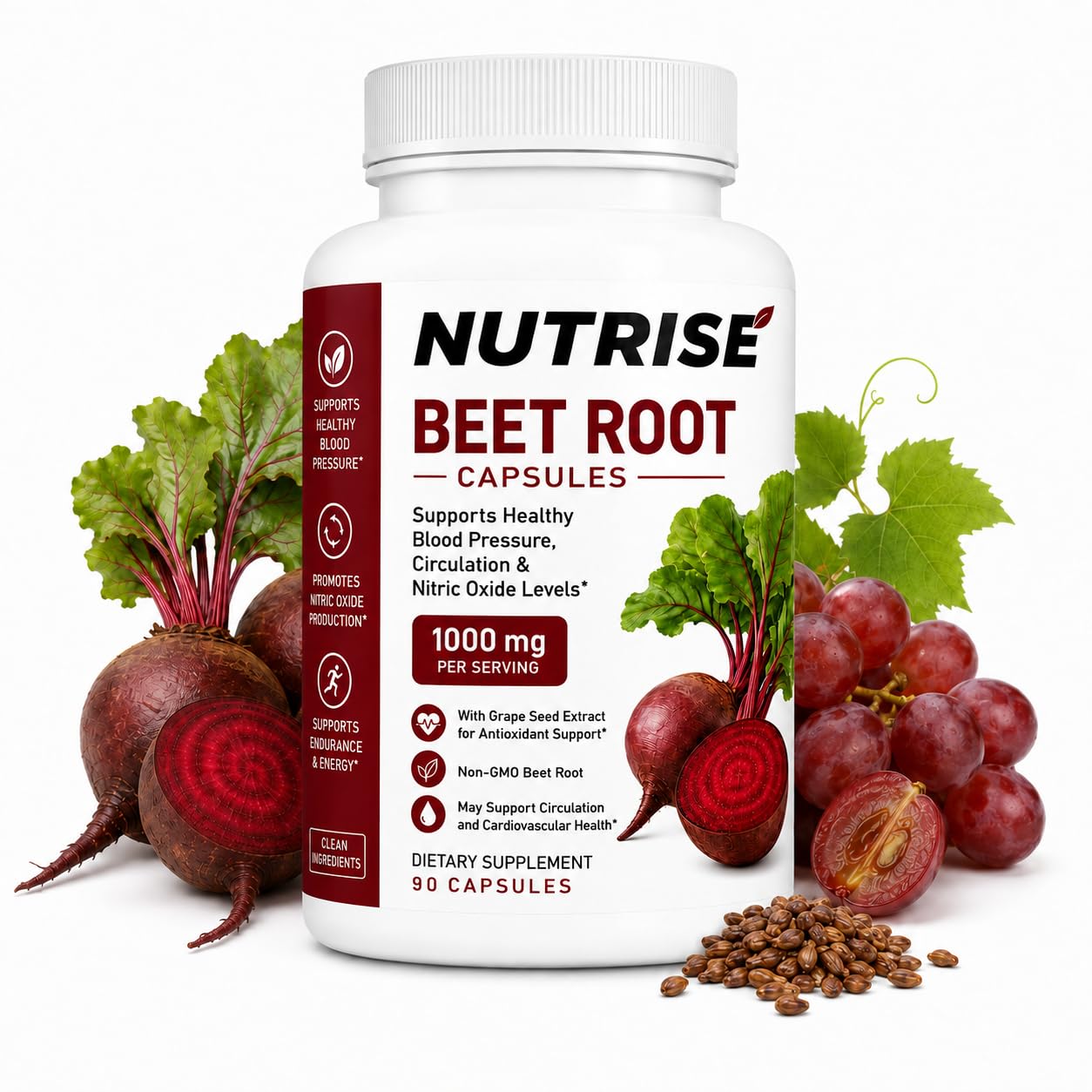 Nutrise Beetroot Capsules with Grape Seed Extract, Beet Root Supplement 1000mg, Vegan, Non-GMO, Gluten-Free, 90 Count