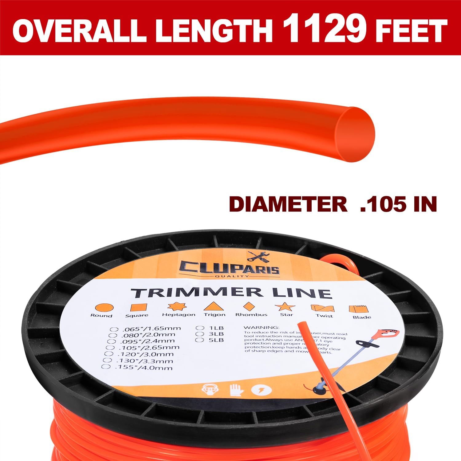 Cluparis Round String Trimmer Line.105-Inch-by-1129-ft 5-Pound Grass Trimmer Line Donut, Round-Shaped Nylon Weed Eater String, with Line Cutter, Orange