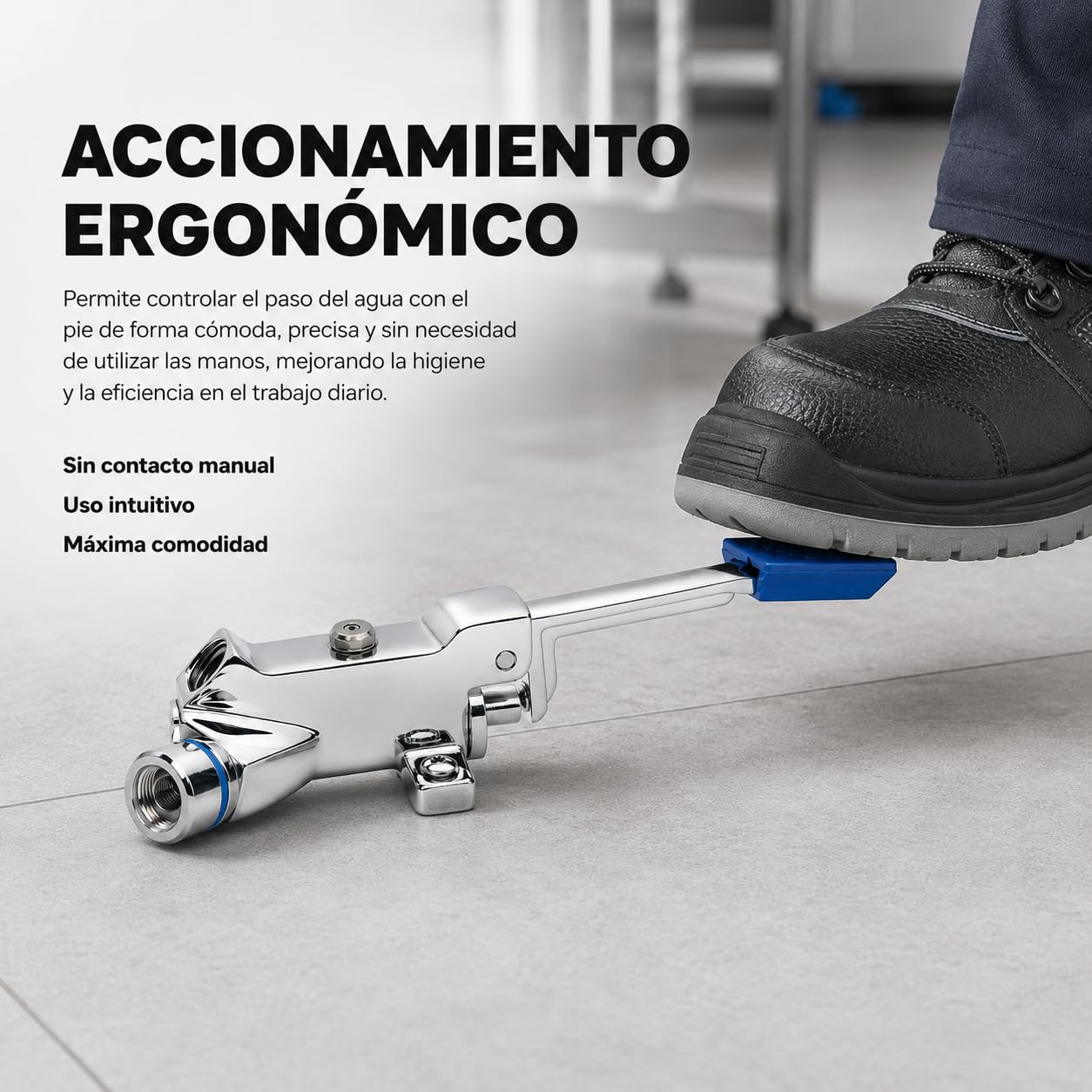 GENEBRE Grifo a Pedal para Cocina Industrial Profesional (Horizontal) | Válvula de 1 agua con accionamiento por pedal para trabajar con mayor higiene y mantener las manos libres.